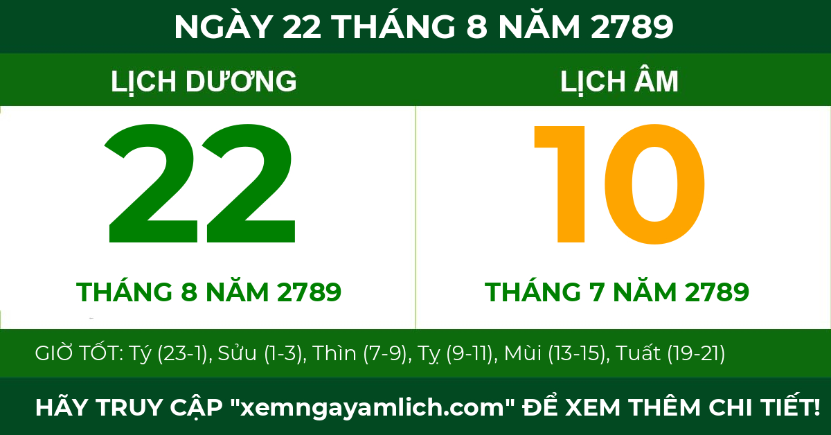 lịch âm ngày 22 tháng 8 năm 2789