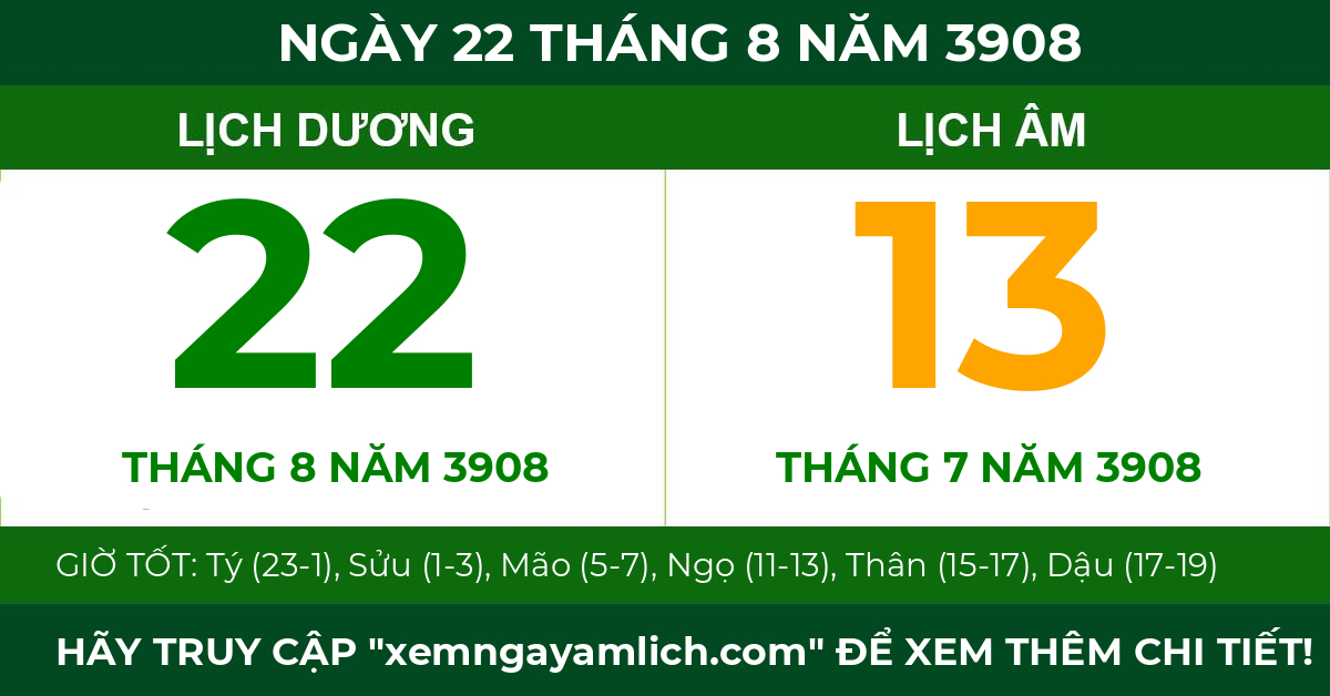 lịch âm ngày 22 tháng 8 năm 3908