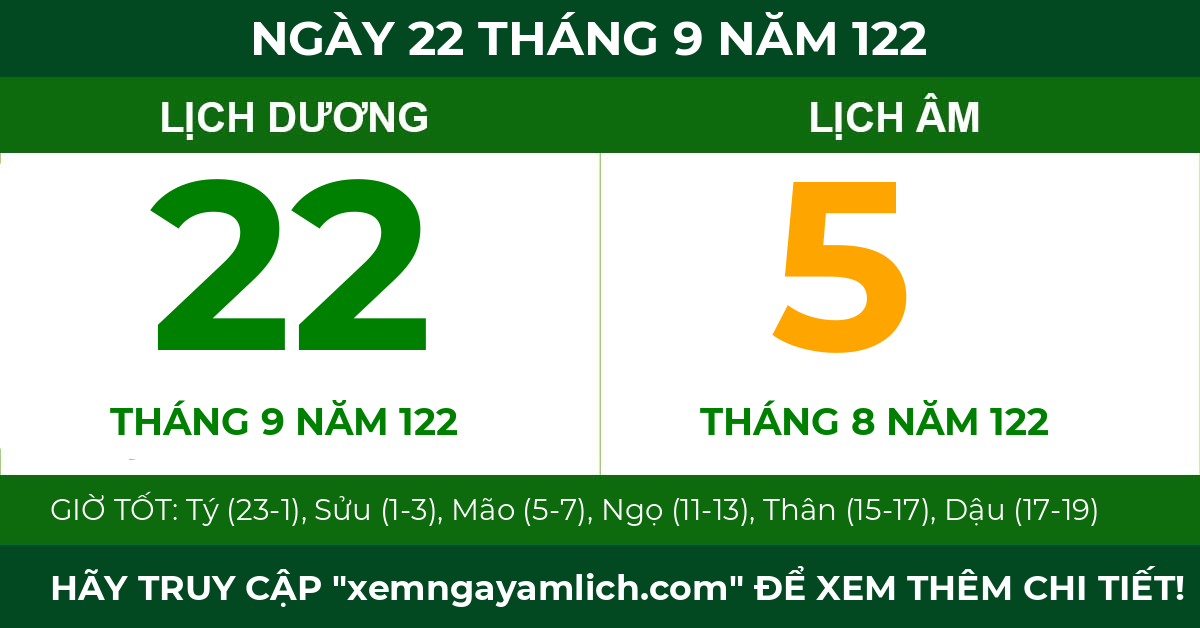 lịch âm ngày 22 tháng 9 năm 122