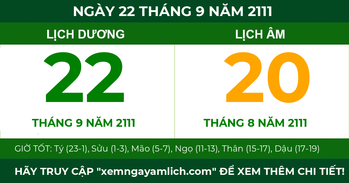 lịch âm ngày 22 tháng 9 năm 2111