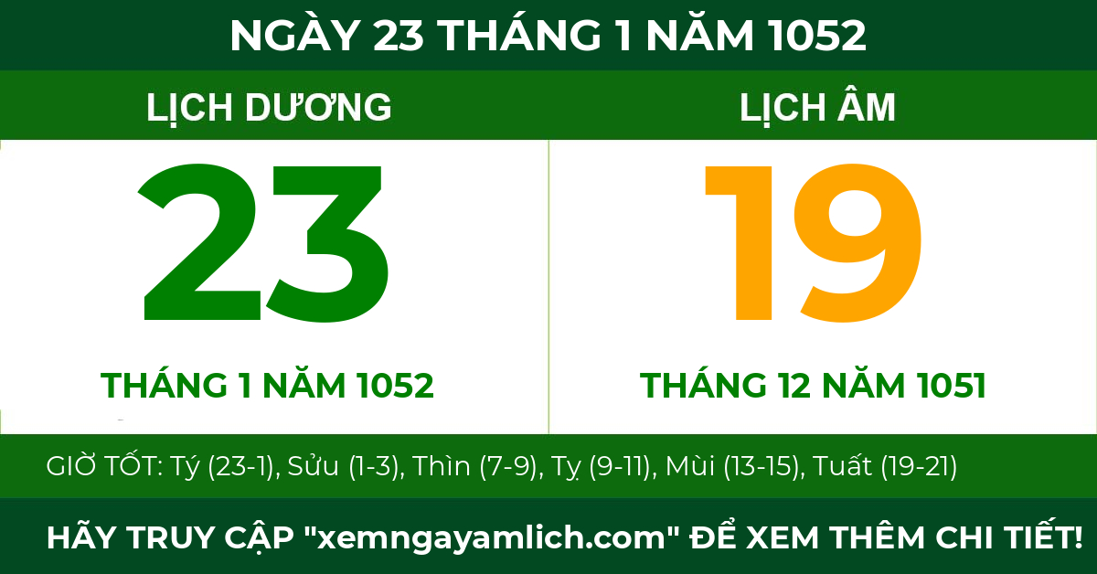 lịch âm ngày 23 tháng 1 năm 1052