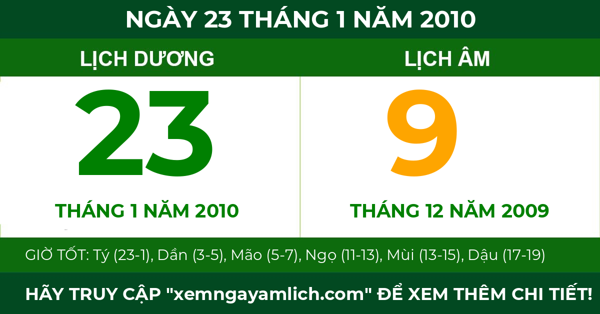 lịch âm ngày 23 tháng 1 năm 2010