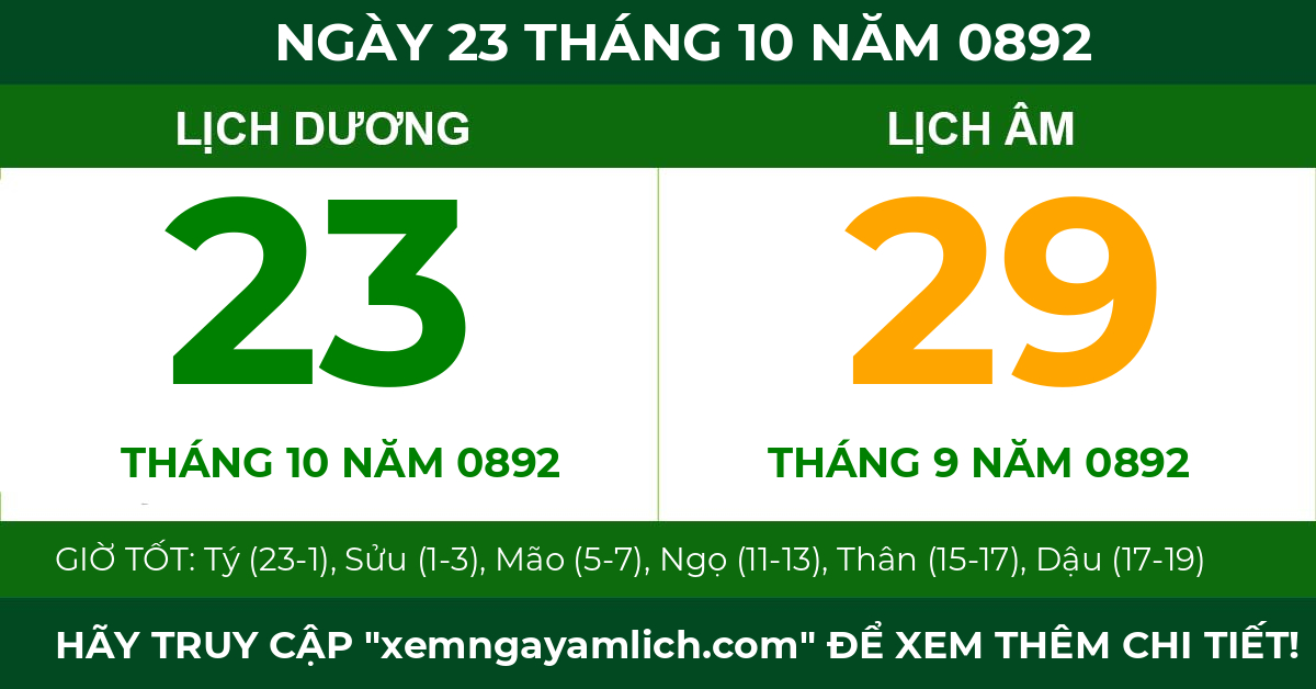 lịch âm ngày 23 tháng 10 năm 0892