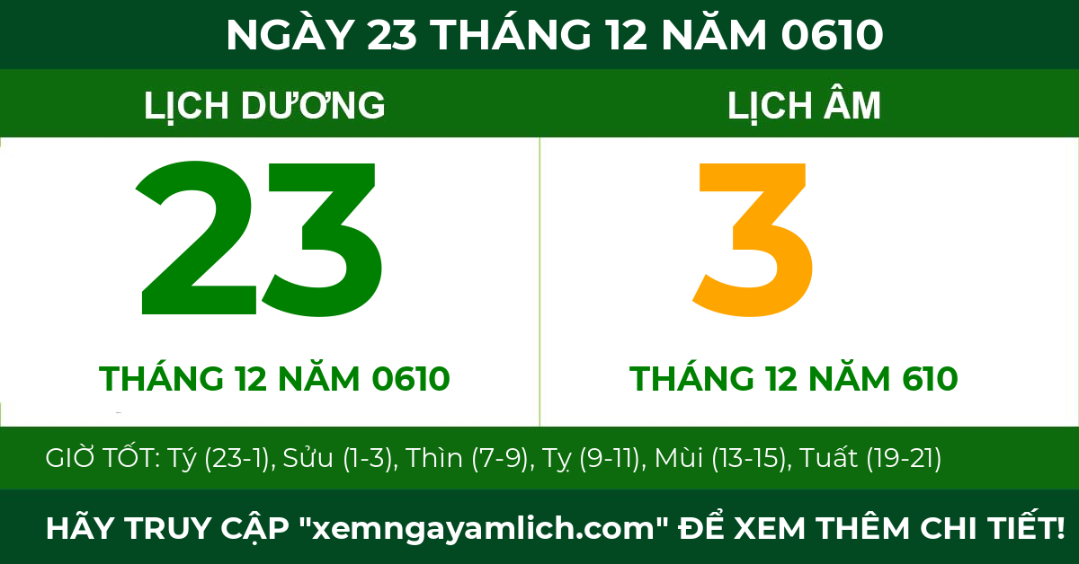 lịch âm ngày 23 tháng 12 năm 0610