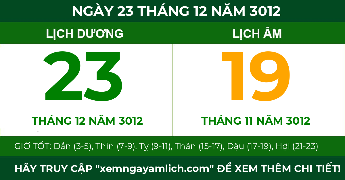 lịch âm ngày 23 tháng 12 năm 3012