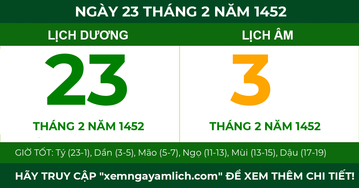 lịch âm ngày 23 tháng 2 năm 1452