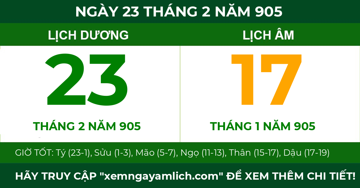 lịch âm ngày 23 tháng 2 năm 905