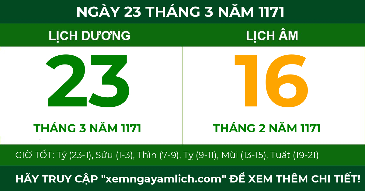 lịch âm ngày 23 tháng 3 năm 1171