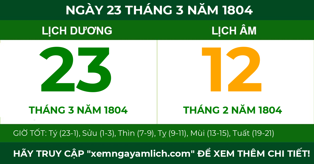 lịch âm ngày 23 tháng 3 năm 1804