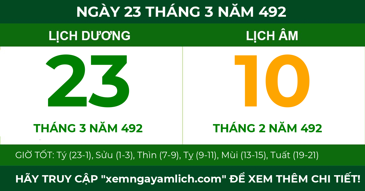 lịch âm ngày 23 tháng 3 năm 492