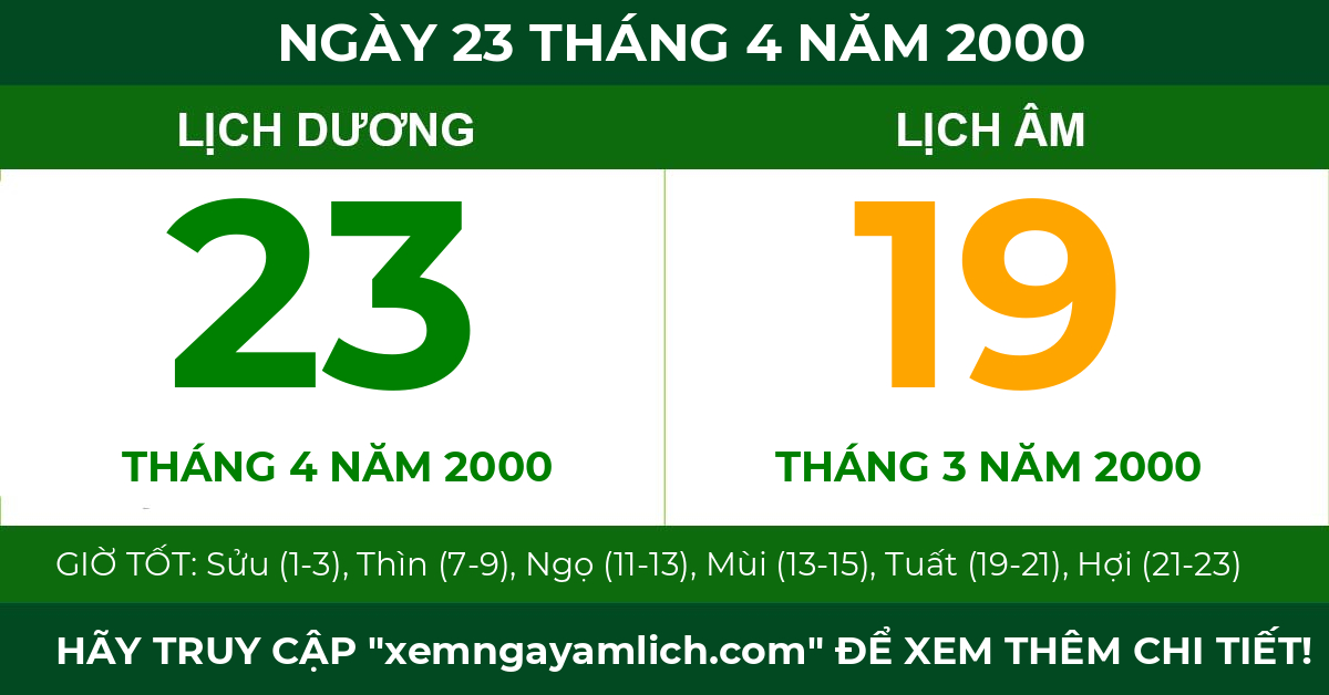lịch âm ngày 23 tháng 4 năm 2000