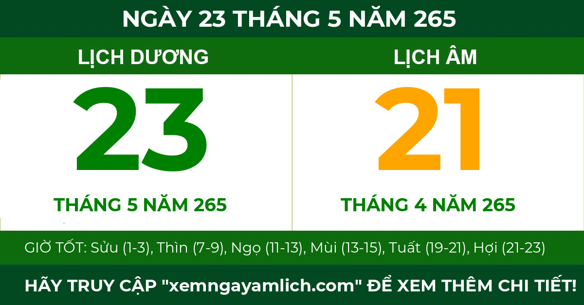lịch âm ngày 23 tháng 5 năm 265
