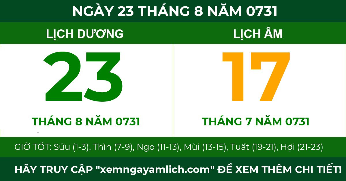 lịch âm ngày 23 tháng 8 năm 0731