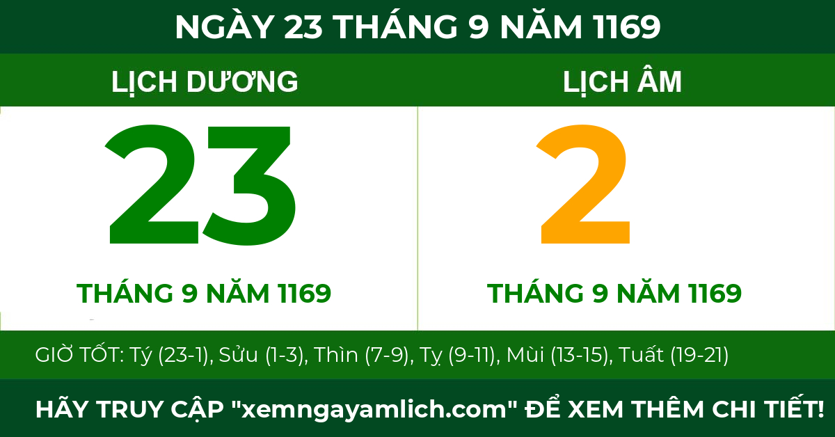 lịch âm ngày 23 tháng 9 năm 1169