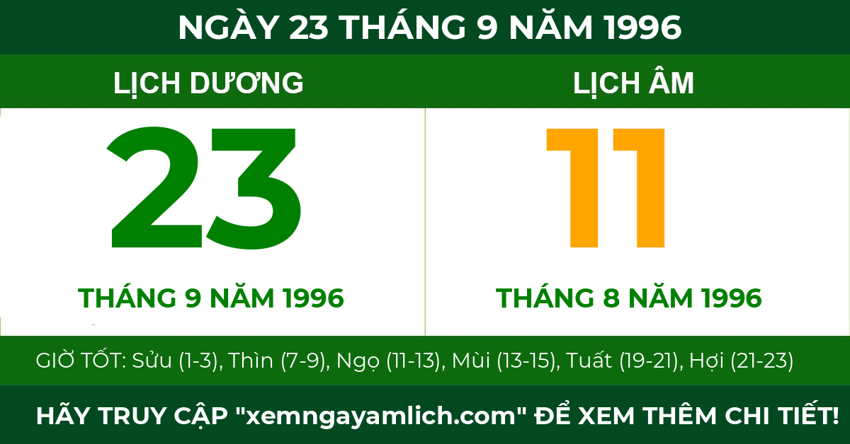 lịch âm ngày 23 tháng 9 năm 1996