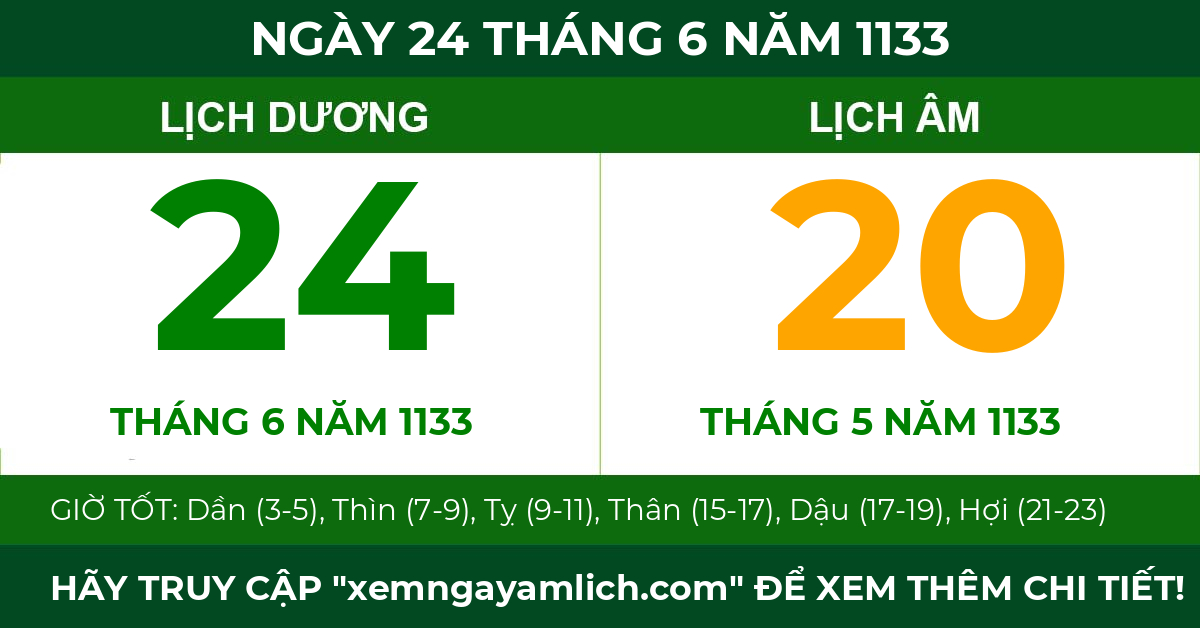 lịch âm ngày 24 tháng 6 năm 1133