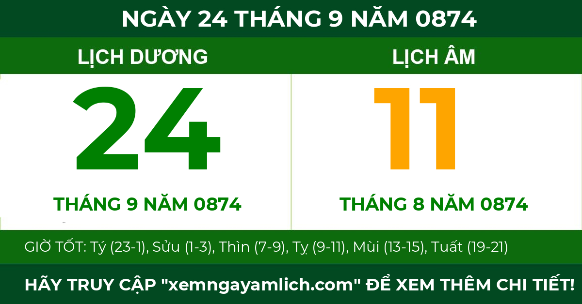 lịch âm ngày 24 tháng 9 năm 0874