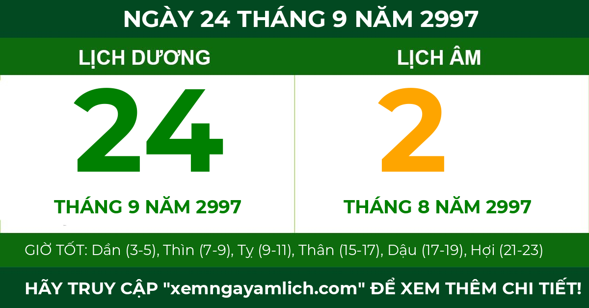 lịch âm ngày 24 tháng 9 năm 2997