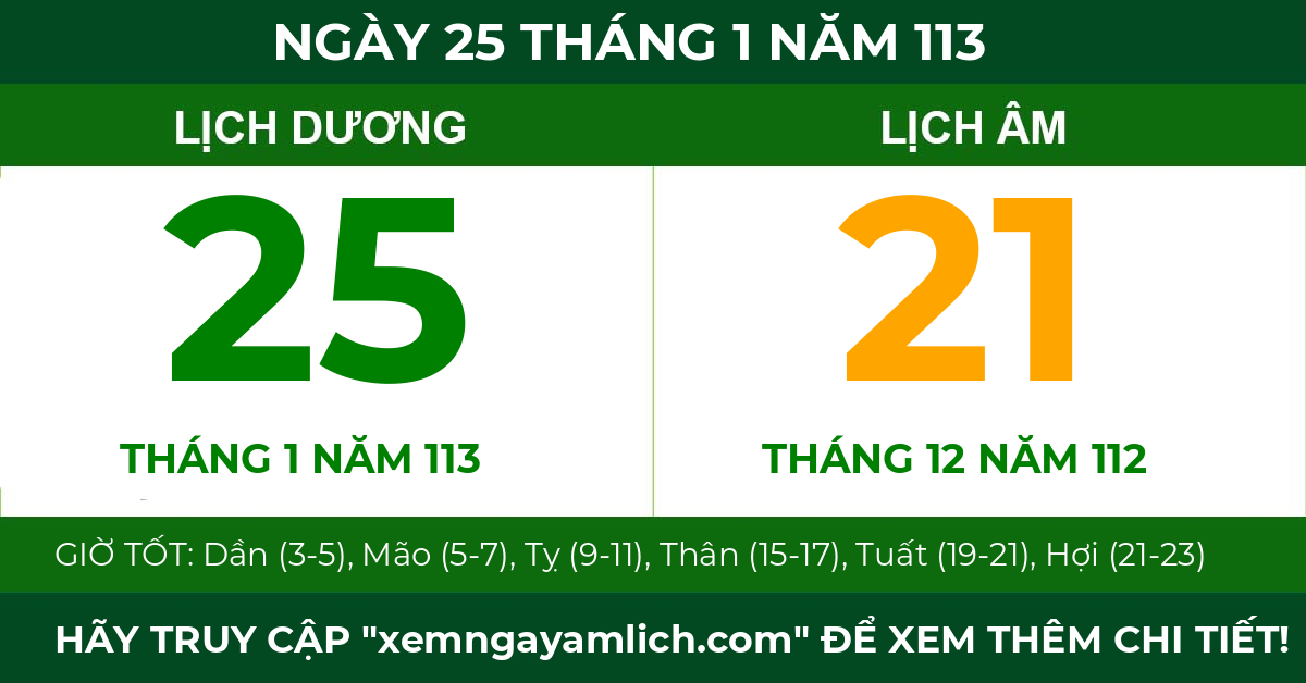 lịch âm ngày 25 tháng 1 năm 113