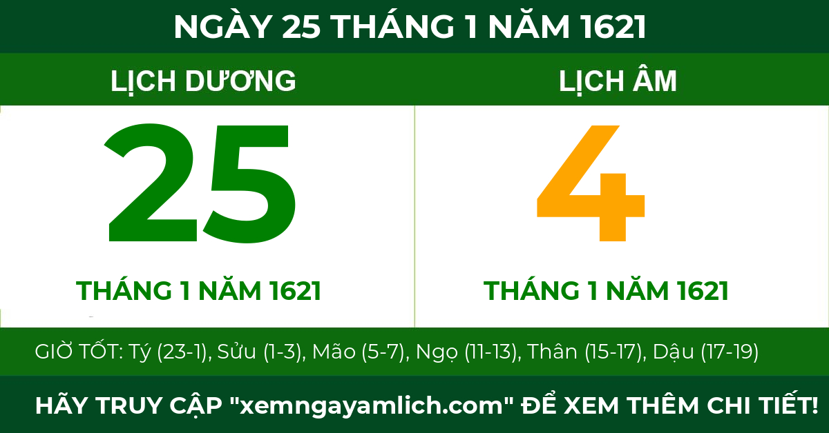 lịch âm ngày 25 tháng 1 năm 1621