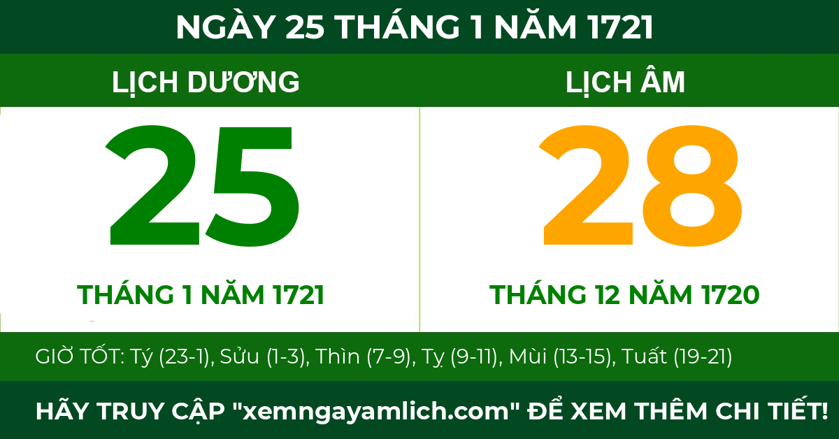 lịch âm ngày 25 tháng 1 năm 1721