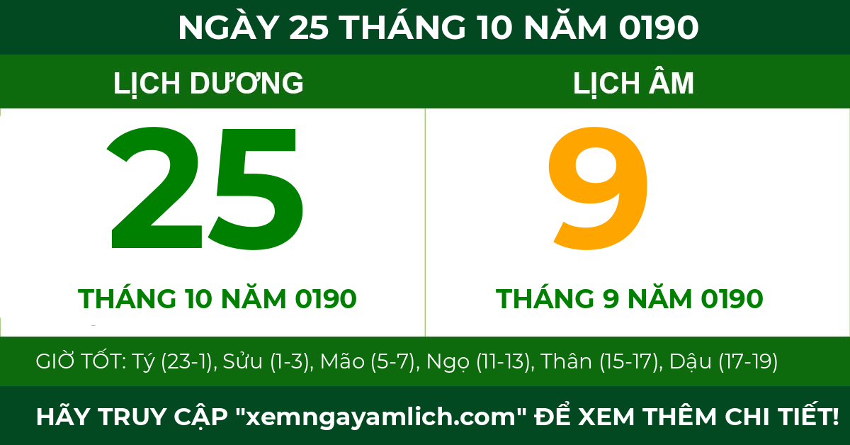 lịch âm ngày 25 tháng 10 năm 0190