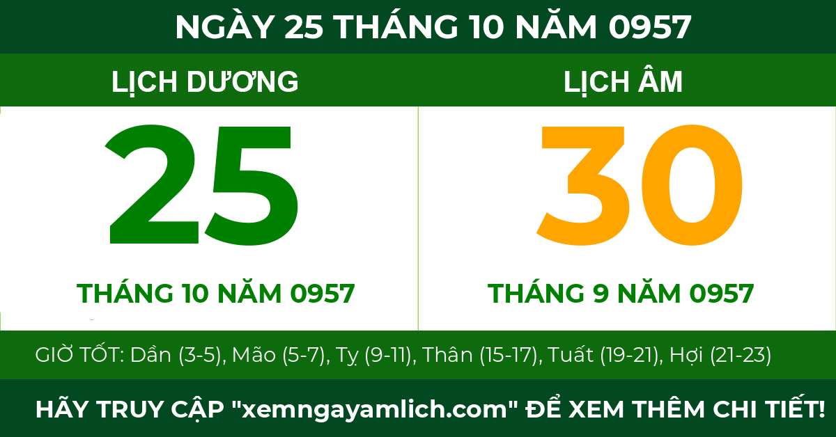 lịch âm ngày 25 tháng 10 năm 0957