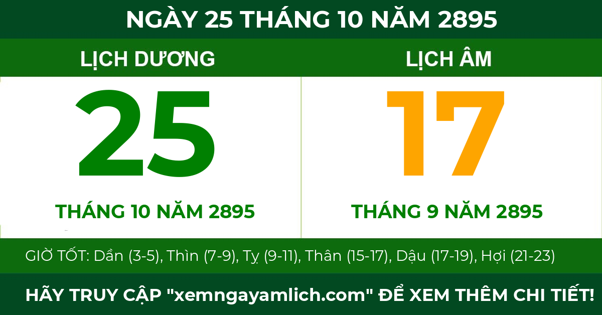 lịch âm ngày 25 tháng 10 năm 2895