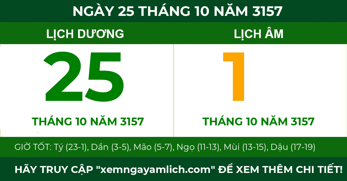 lịch âm ngày 25 tháng 10 năm 3157