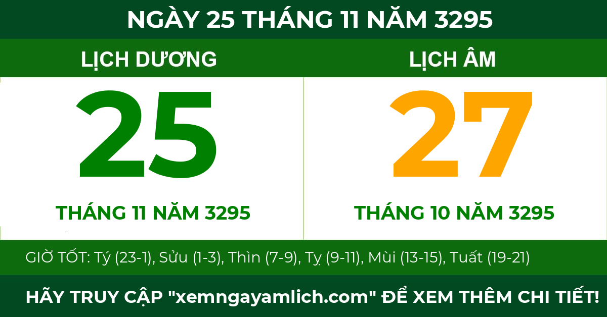 lịch âm ngày 25 tháng 11 năm 3295
