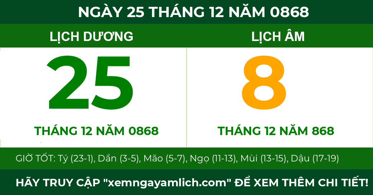 lịch âm ngày 25 tháng 12 năm 0868