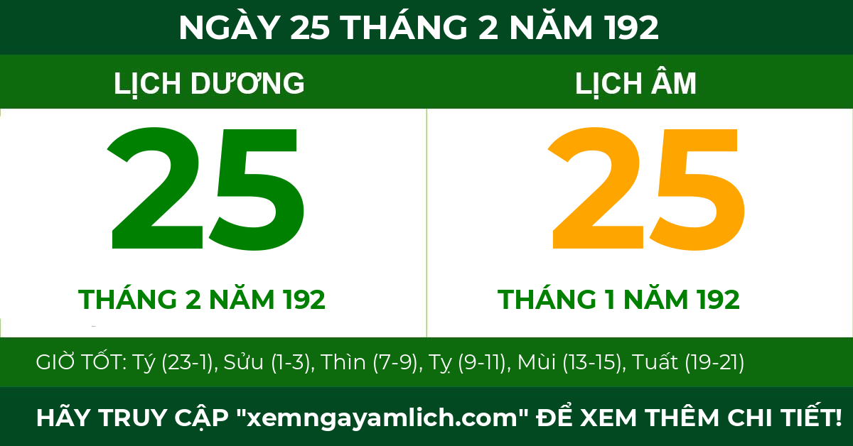 lịch âm ngày 25 tháng 2 năm 192