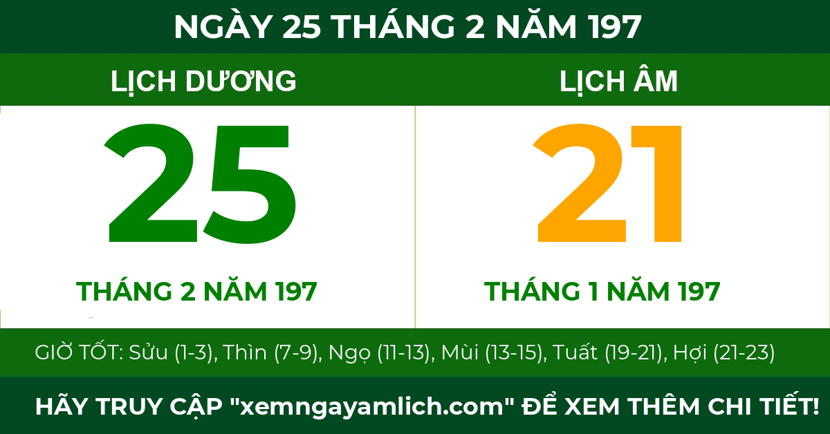 lịch âm ngày 25 tháng 2 năm 197