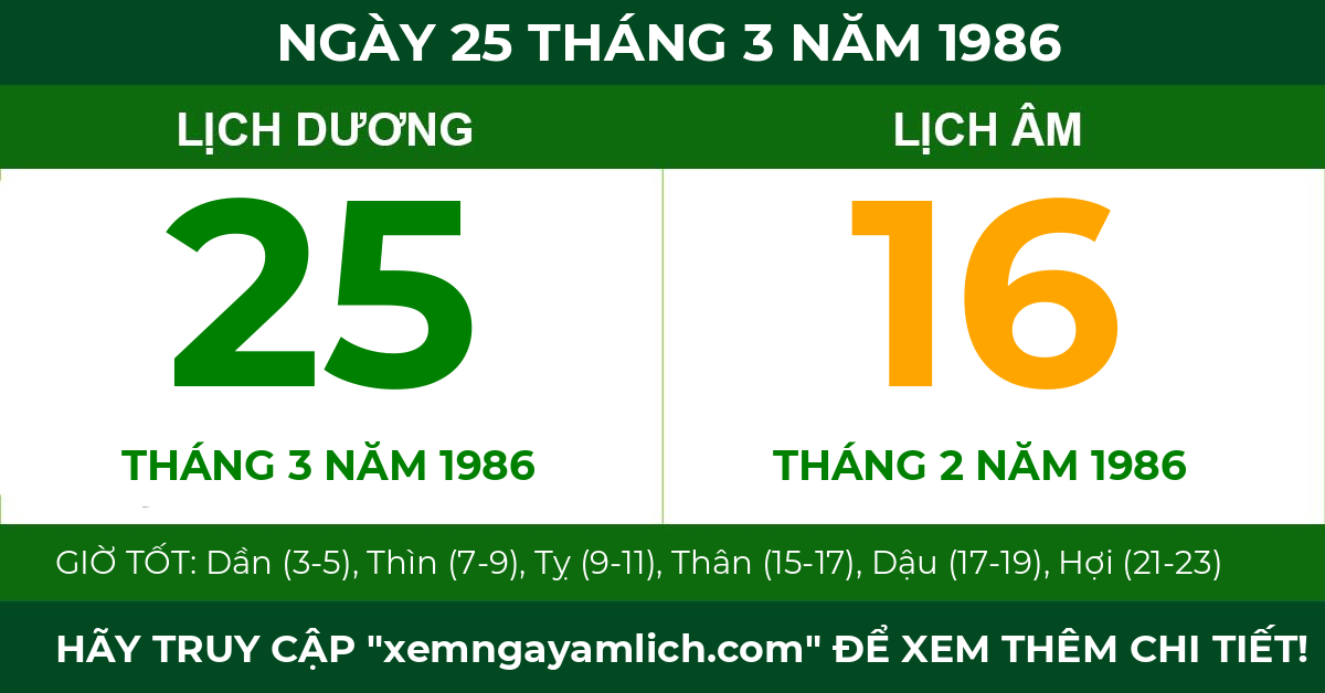 lịch âm ngày 25 tháng 3 năm 1986