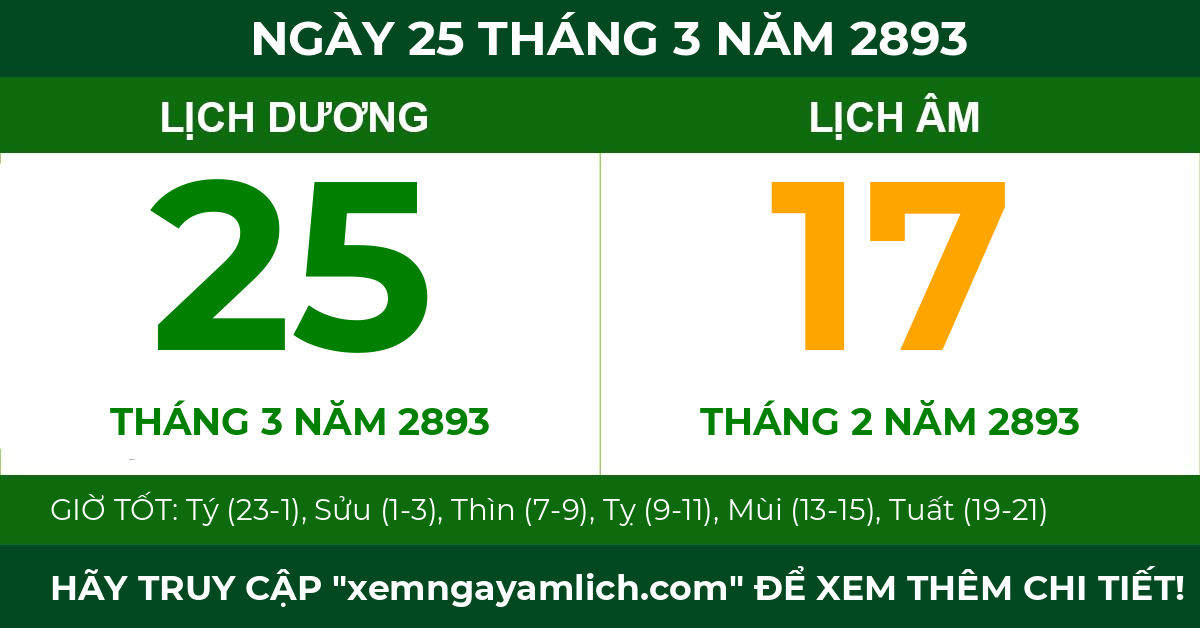 lịch âm ngày 25 tháng 3 năm 2893