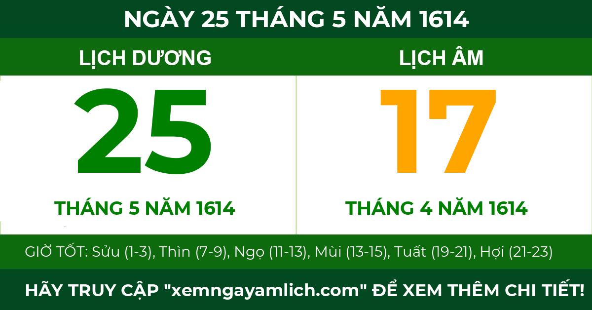 lịch âm ngày 25 tháng 5 năm 1614