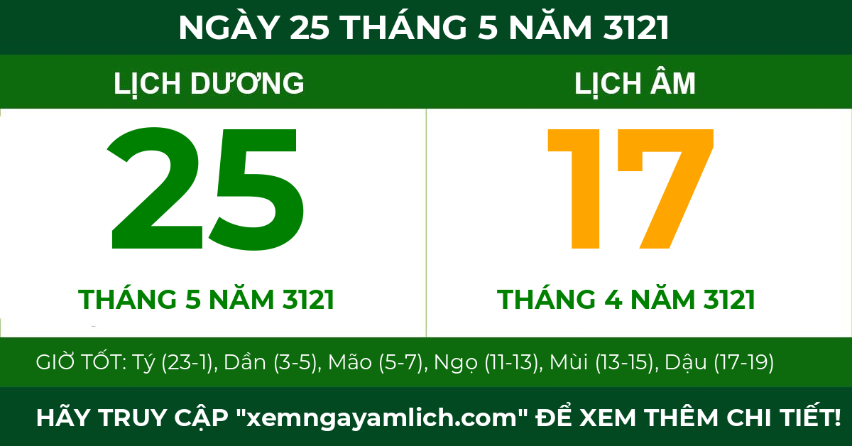 lịch âm ngày 25 tháng 5 năm 3121
