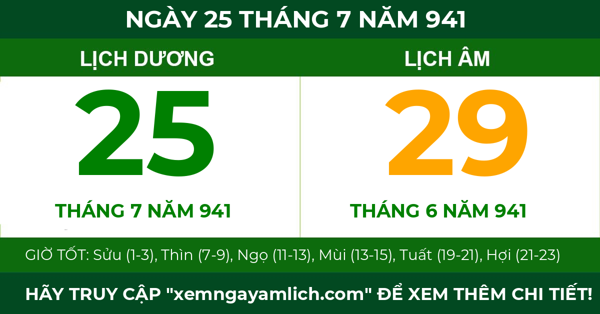 lịch âm ngày 25 tháng 7 năm 941