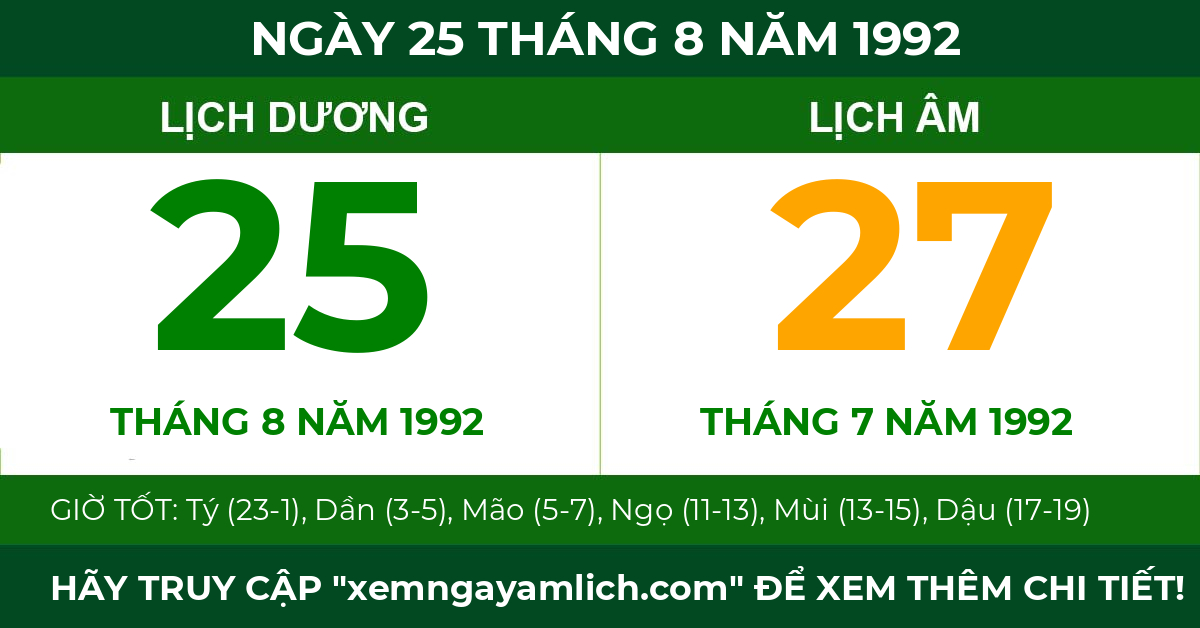 lịch âm ngày 25 tháng 8 năm 1992