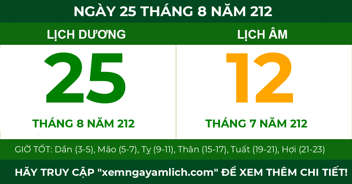 lịch âm ngày 25 tháng 8 năm 212