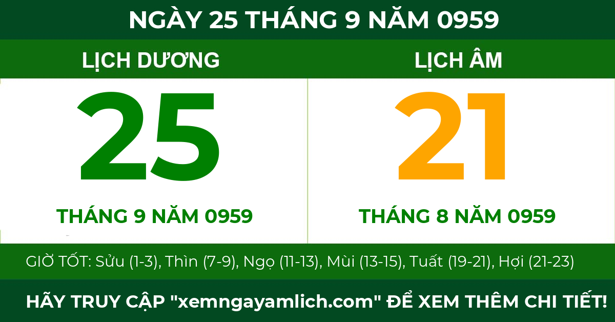 lịch âm ngày 25 tháng 9 năm 0959