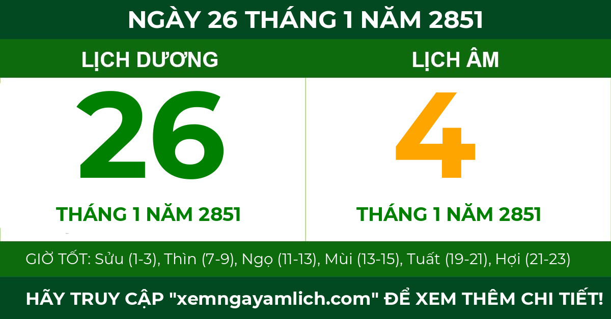lịch âm ngày 26 tháng 1 năm 2851