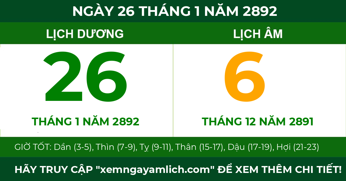 lịch âm ngày 26 tháng 1 năm 2892