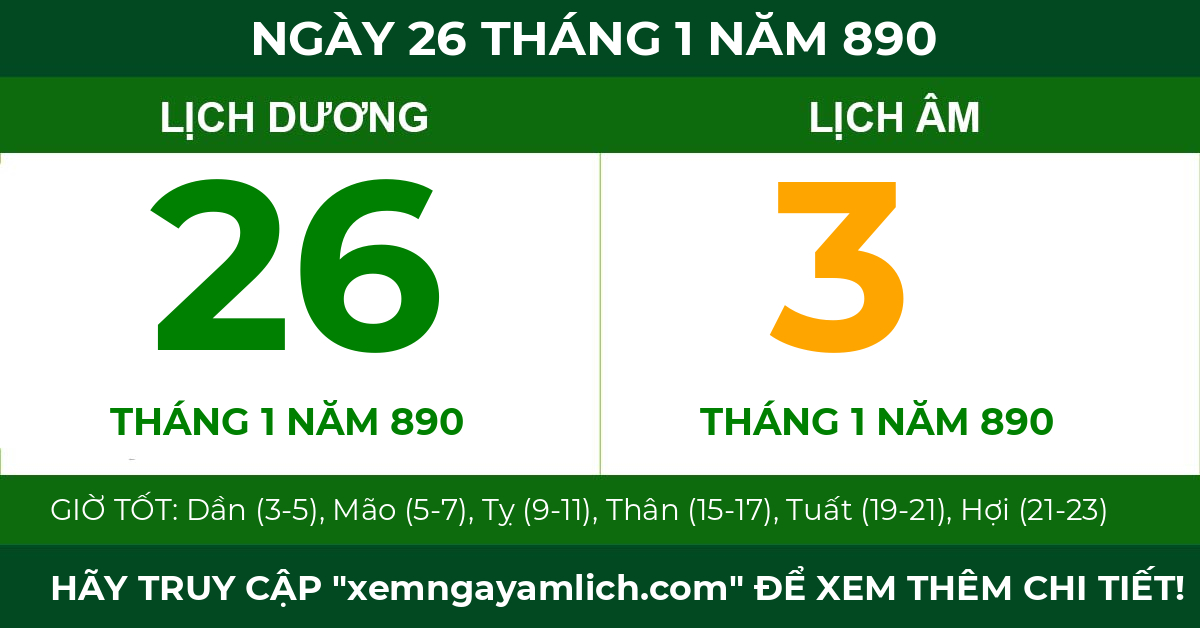 lịch âm ngày 26 tháng 1 năm 890