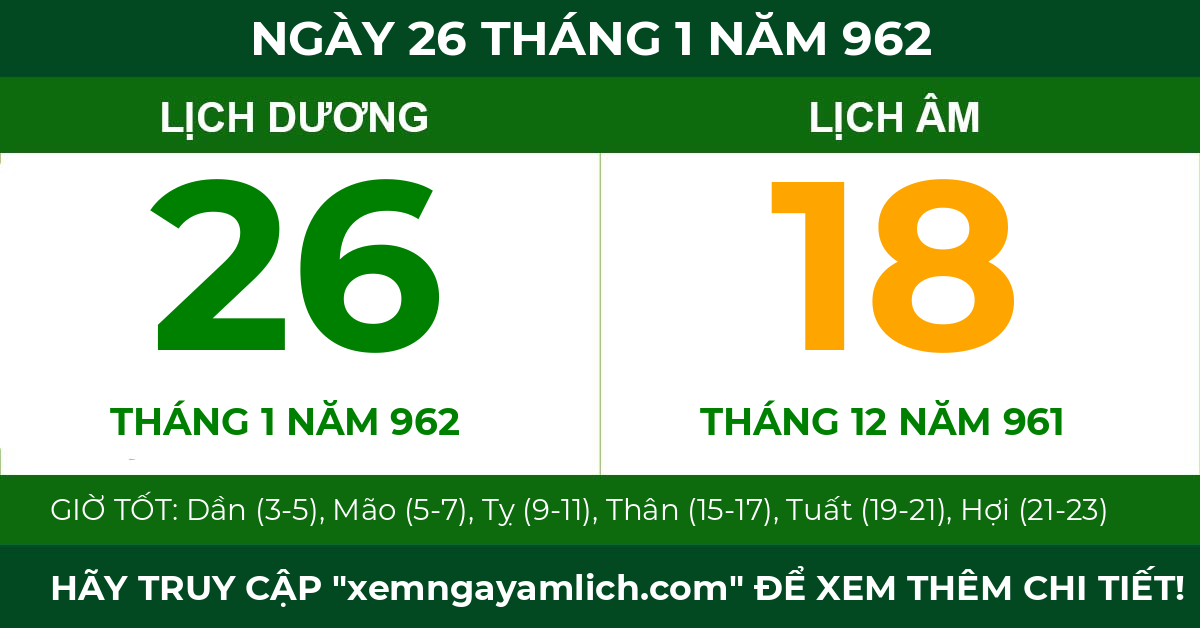 lịch âm ngày 26 tháng 1 năm 962