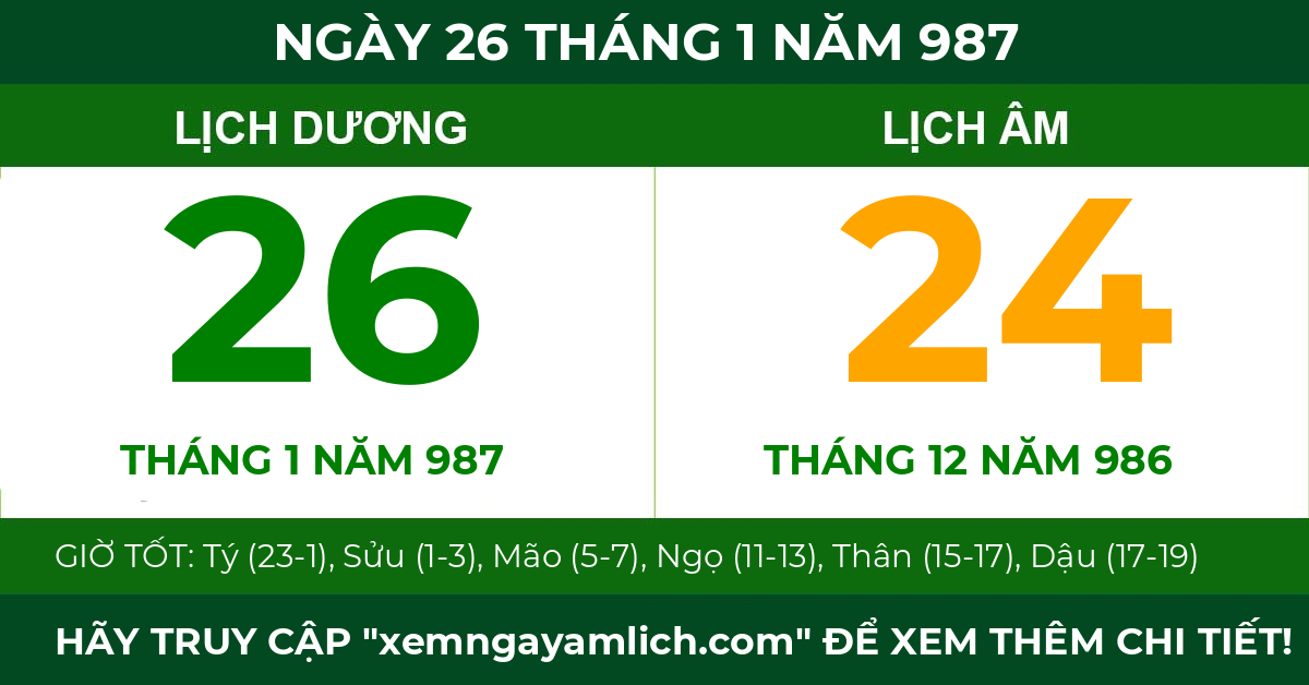 lịch âm ngày 26 tháng 1 năm 987
