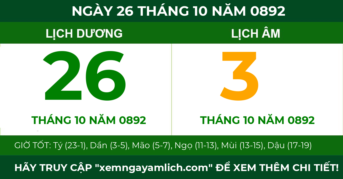lịch âm ngày 26 tháng 10 năm 0892