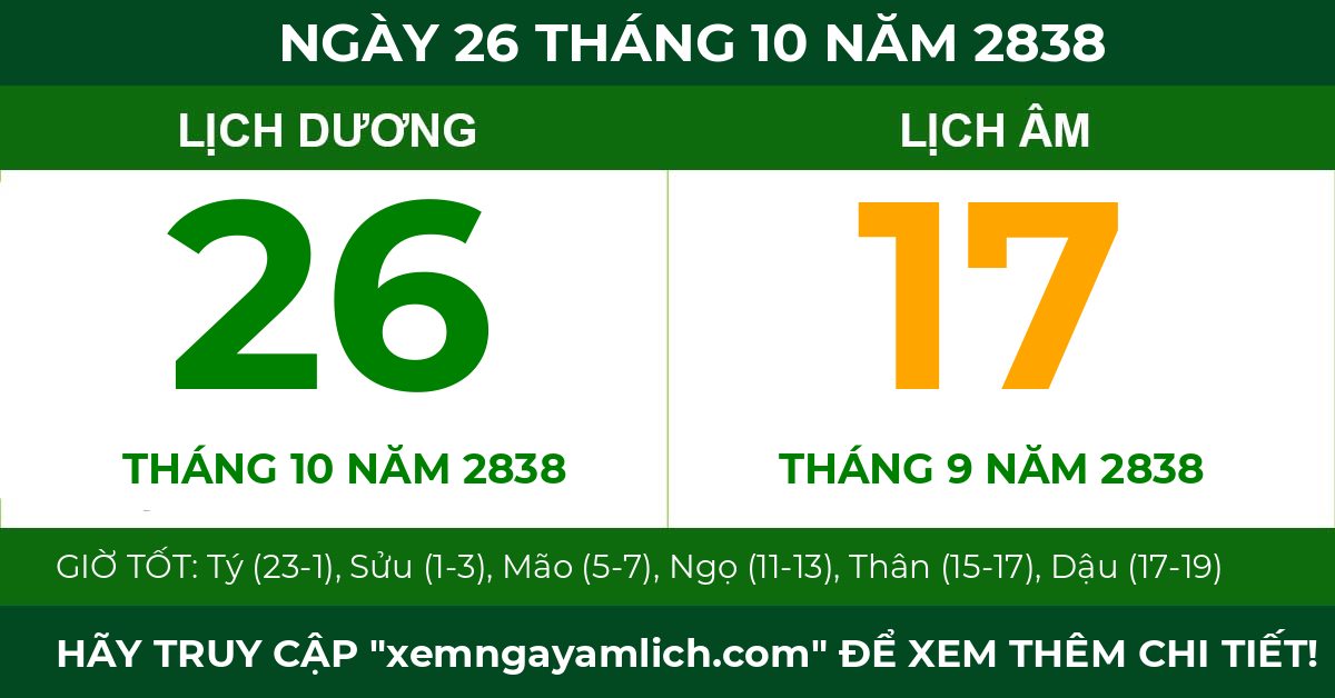 lịch âm ngày 26 tháng 10 năm 2838