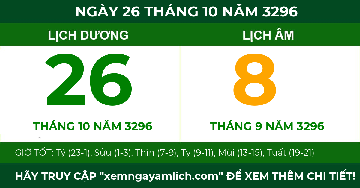 lịch âm ngày 26 tháng 10 năm 3296