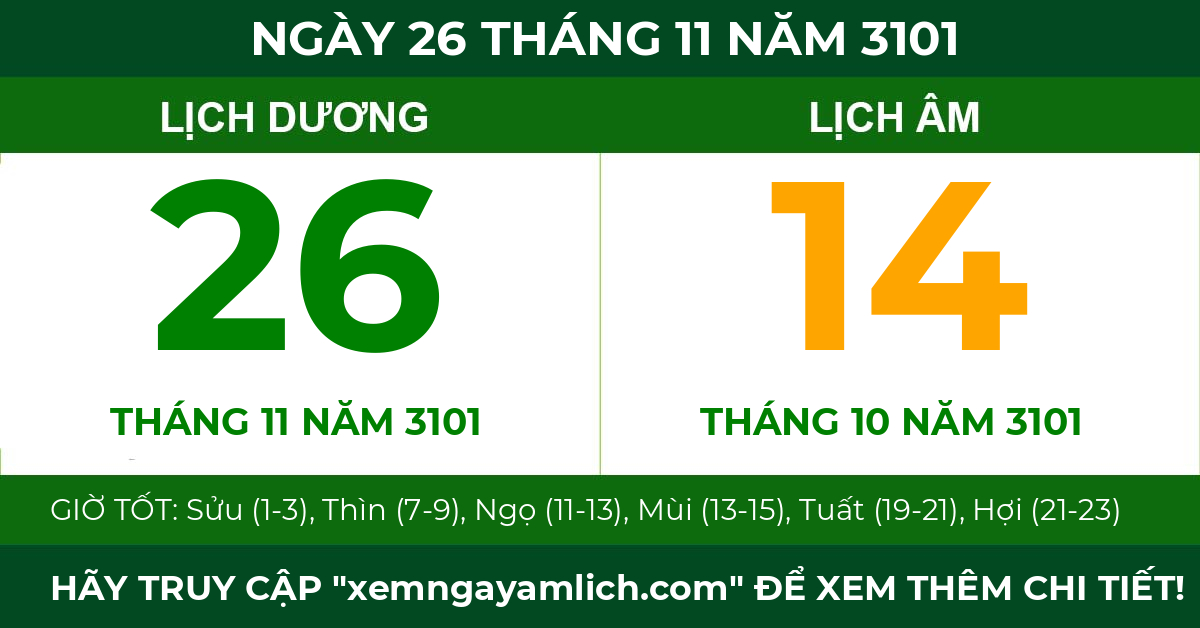 lịch âm ngày 26 tháng 11 năm 3101